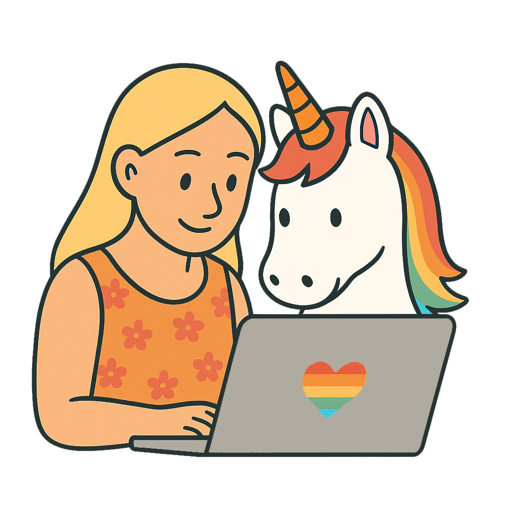 Girl and unicorn floatie looking at a laptop