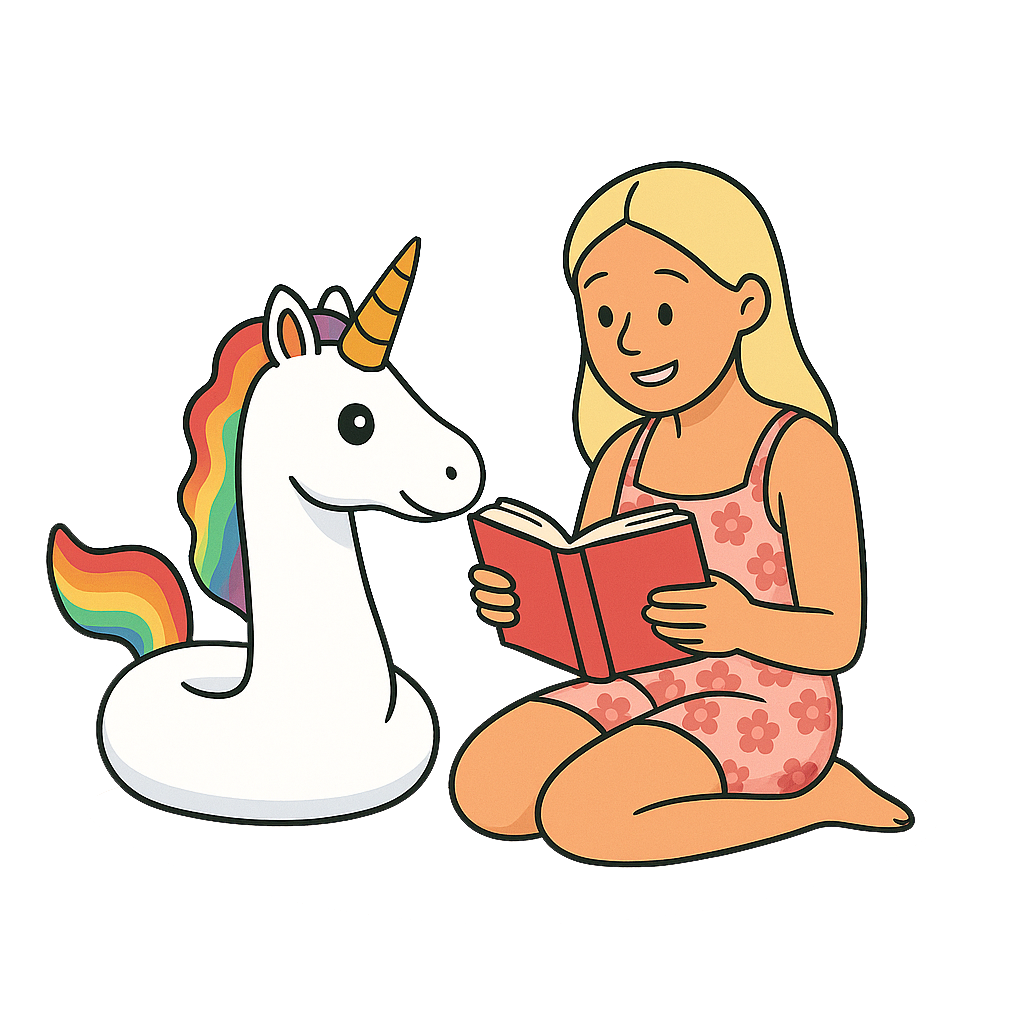 Girl reading a book to the unicorn float