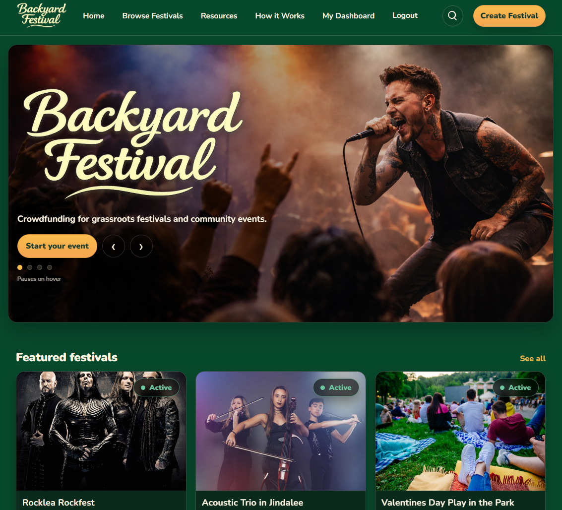 Screenshot of the Backyard Festival interface