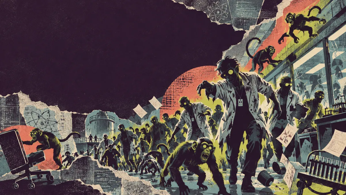Illustrated zombie researchers and glowing-eyed monkeys swarm a laboratory.