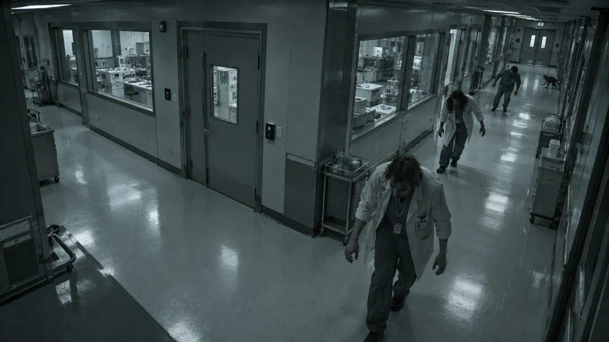 Zombie researchers shamble down the west corridor of a laboratory.