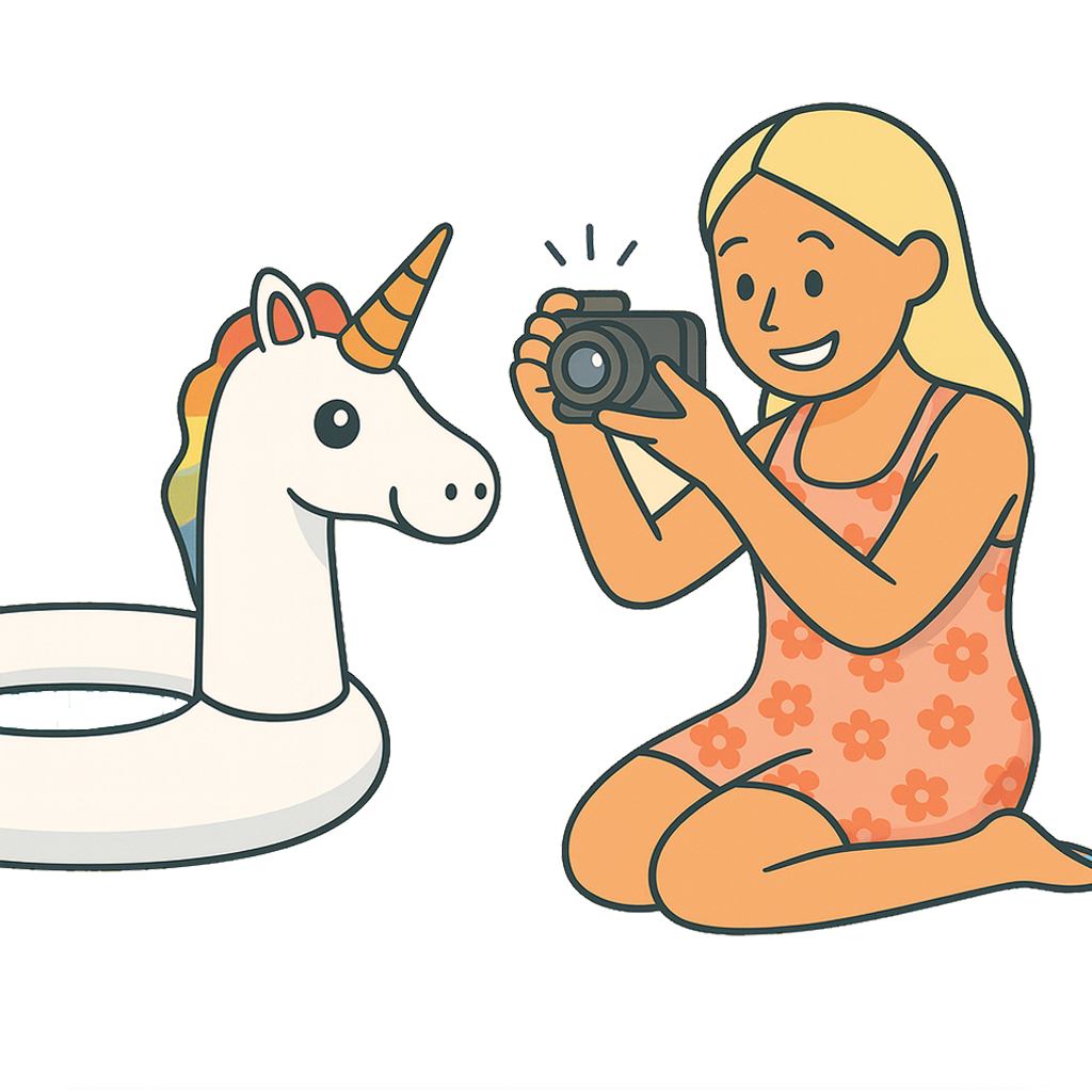 Girl taking photo of unicorn float